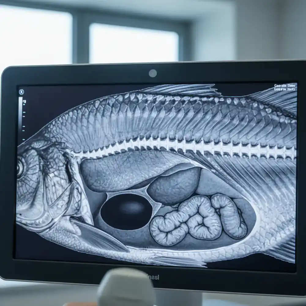 Digital ultrasound screen showing fish anatomy