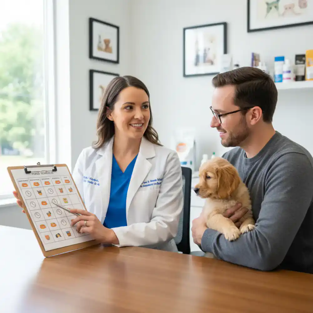 Veterinarian explaining a feeding schedule chart to a client