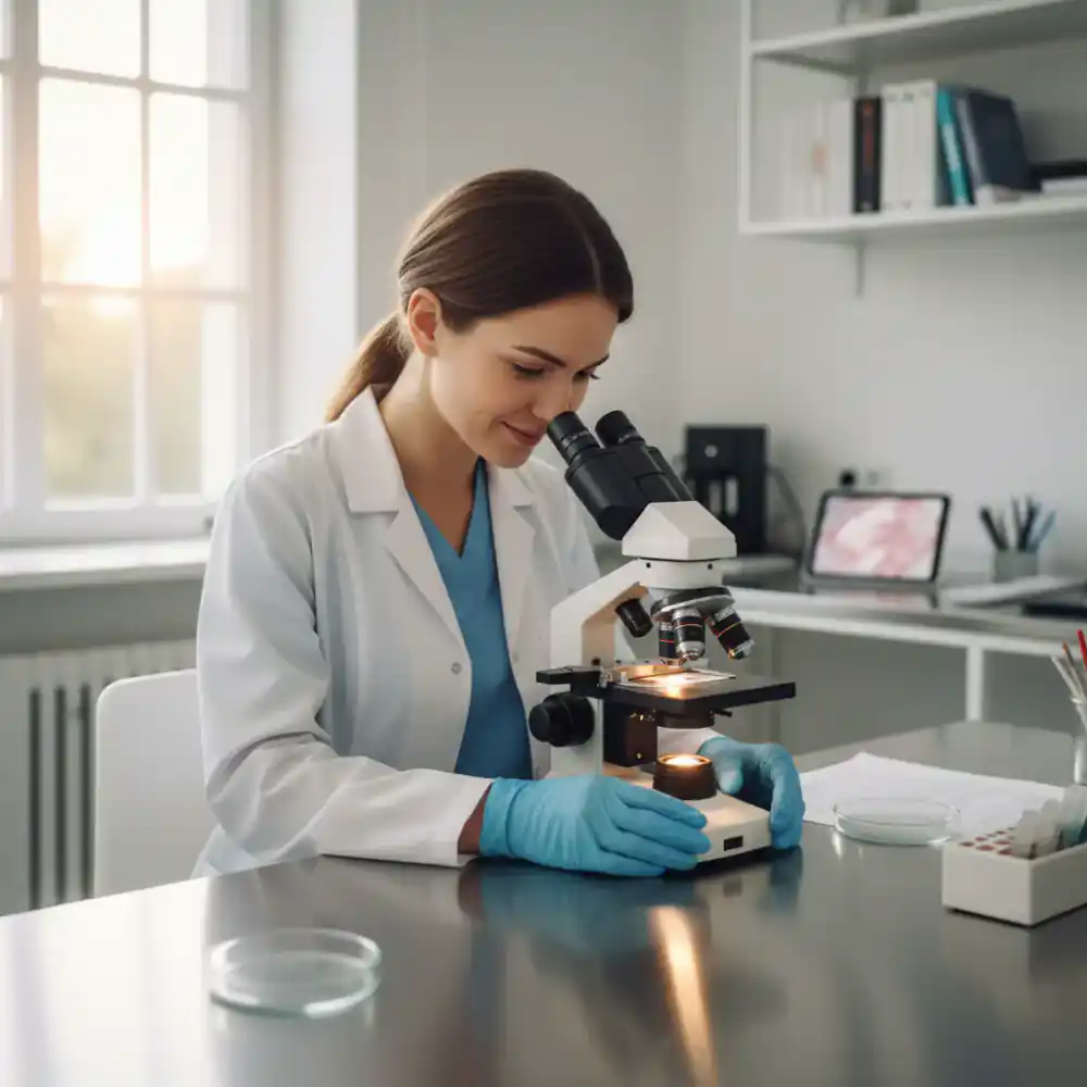 Veterinarian examining a slide under a microscope