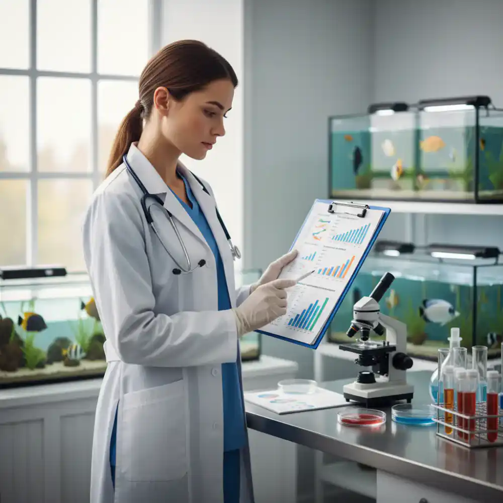 Veterinarian reviewing a fish health chart