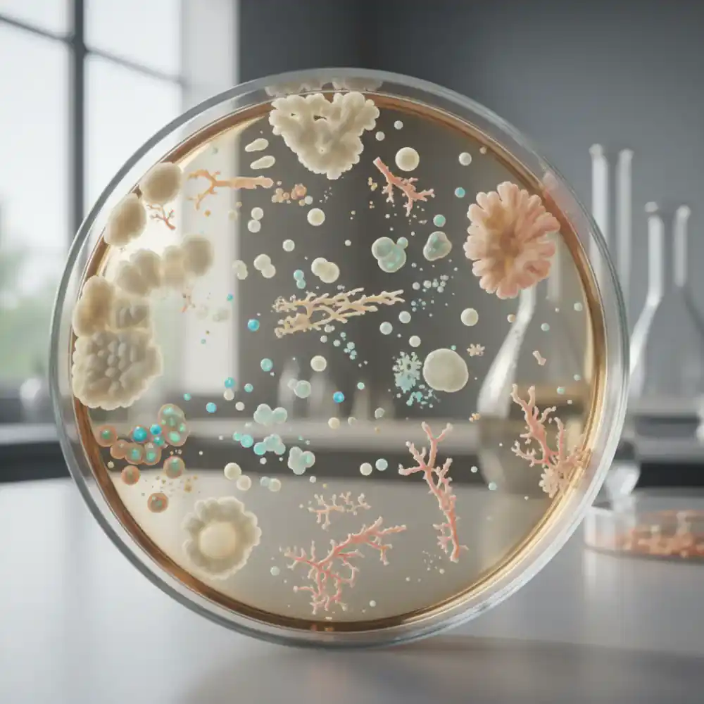 Bacterial culture from pond water in a petri dish