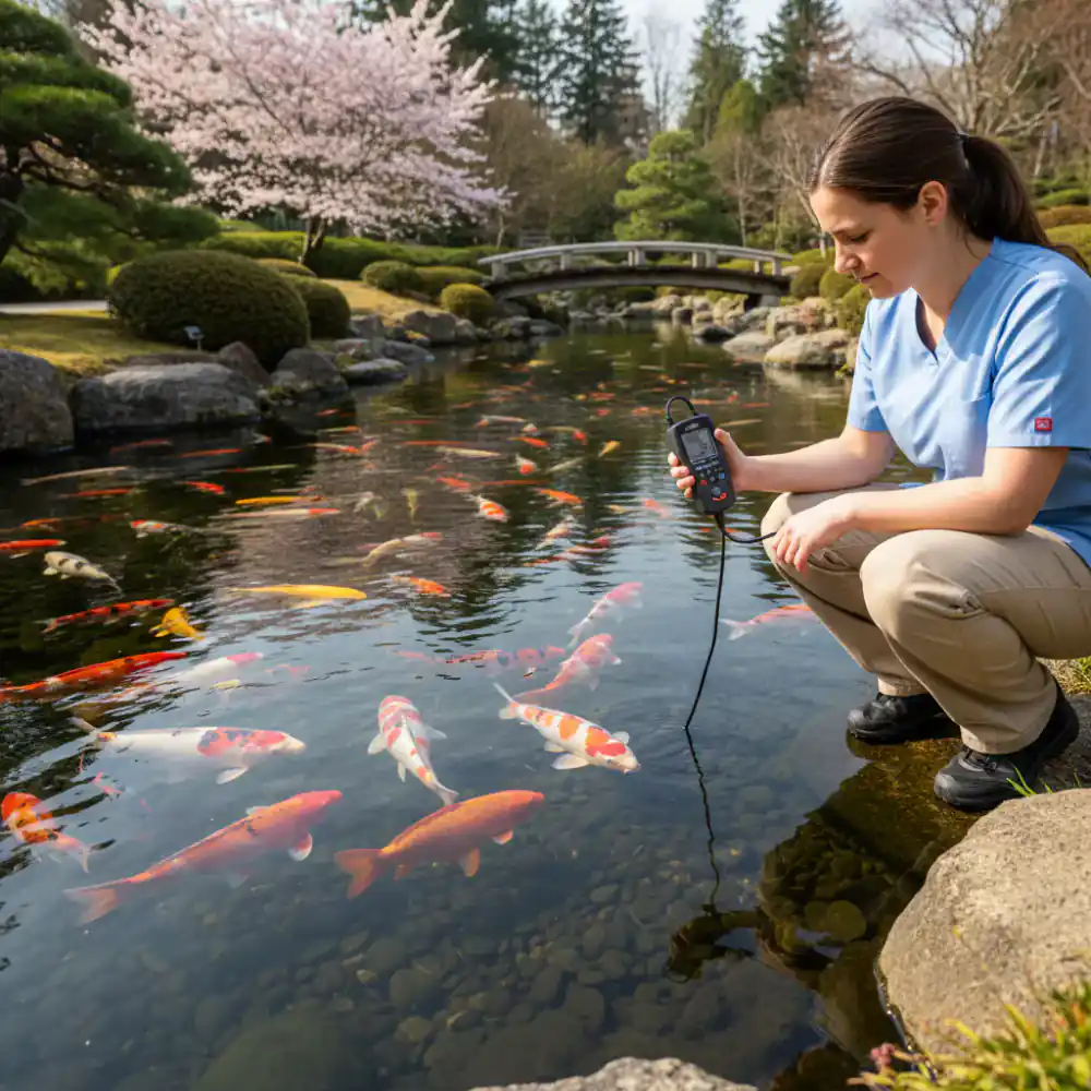 Veterinarian testing water quality in a large koi pond
